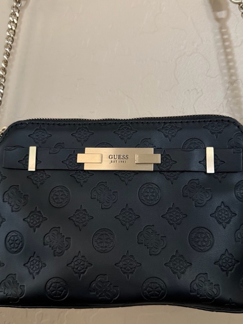 GUESS Black Embossed Logo Crossbody with Gold Plate
